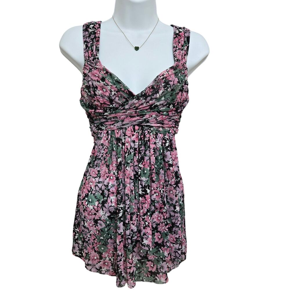 Express Womens Vtg Y2K Fairy Coquette Romantic Micro-Mesh Babydoll Floral Top S